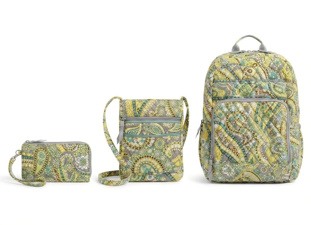 Vera Bradley Lemon Parfait Green Yellow Laptop Backpack Wallet Crossbody Bag Set
